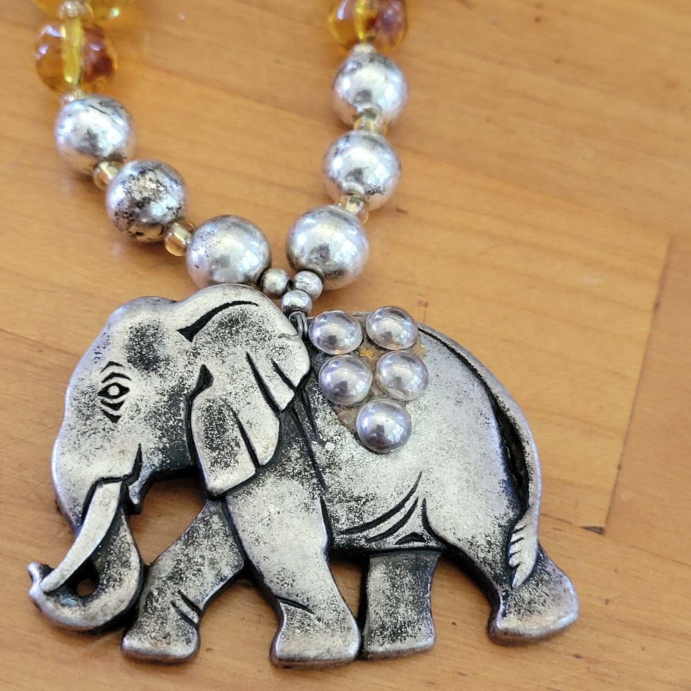Vintage Elephant Pendant Necklace Amber Lucite Beads Silver Tone Statement